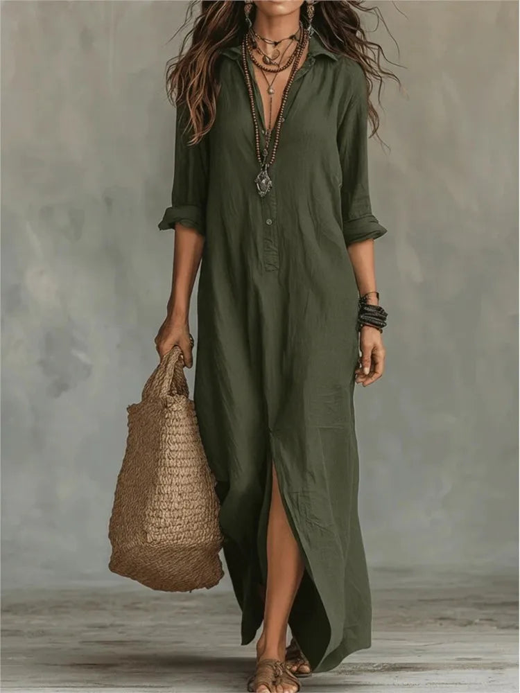 Women’s Linen-Blend Shirt Dress with Button Placket and Side Slits 5