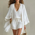 Women’s Linen 3 Piece Set V-Neck Top Drawstring Shorts 0