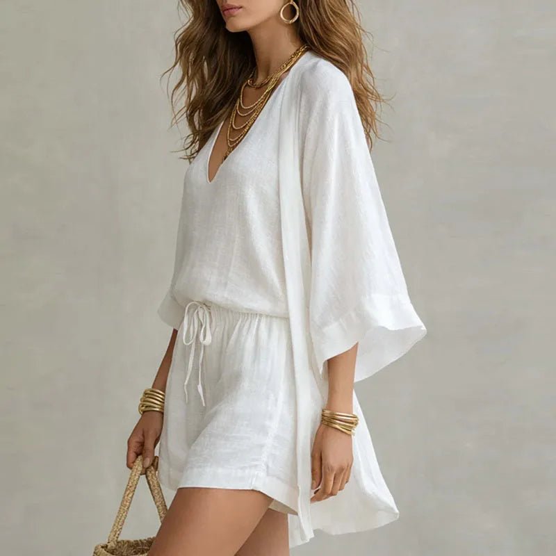 Women’s Linen 3 Piece Set V-Neck Top Drawstring Shorts 1