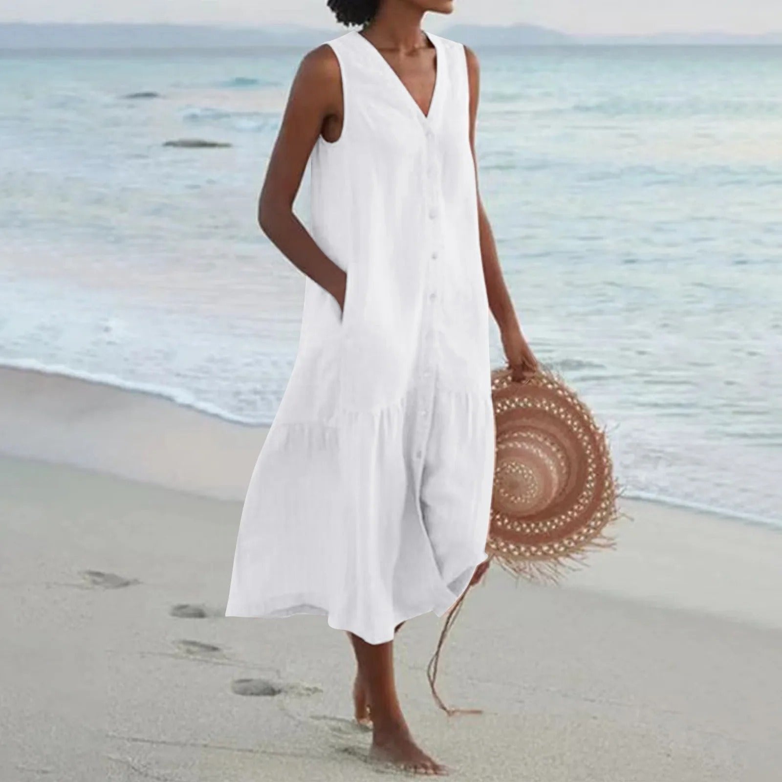 Women’s Linen A-Line Midi Dress Sleeveless Summer Style 0