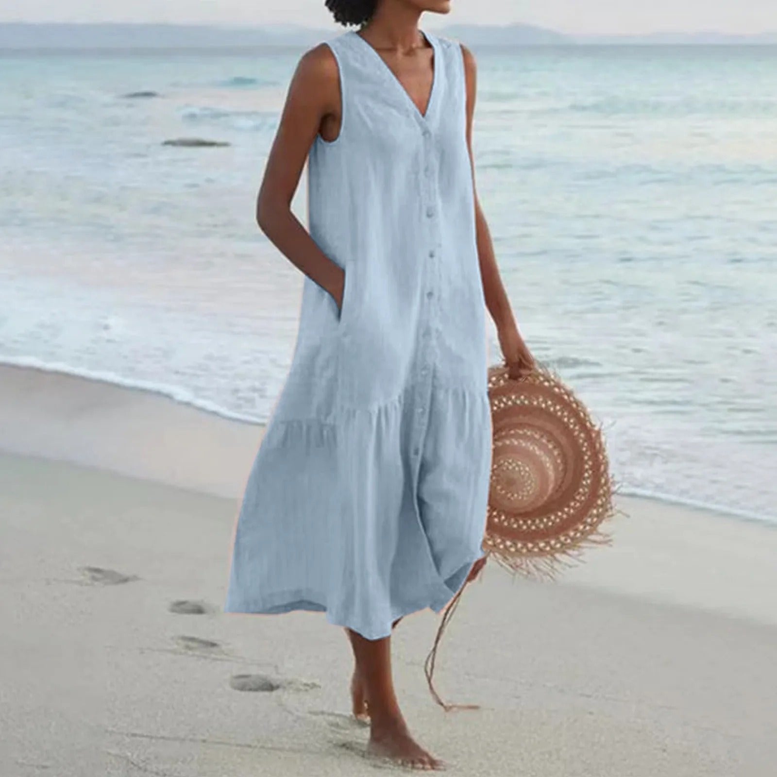 Women’s Linen A-Line Midi Dress Sleeveless Summer Style 1
