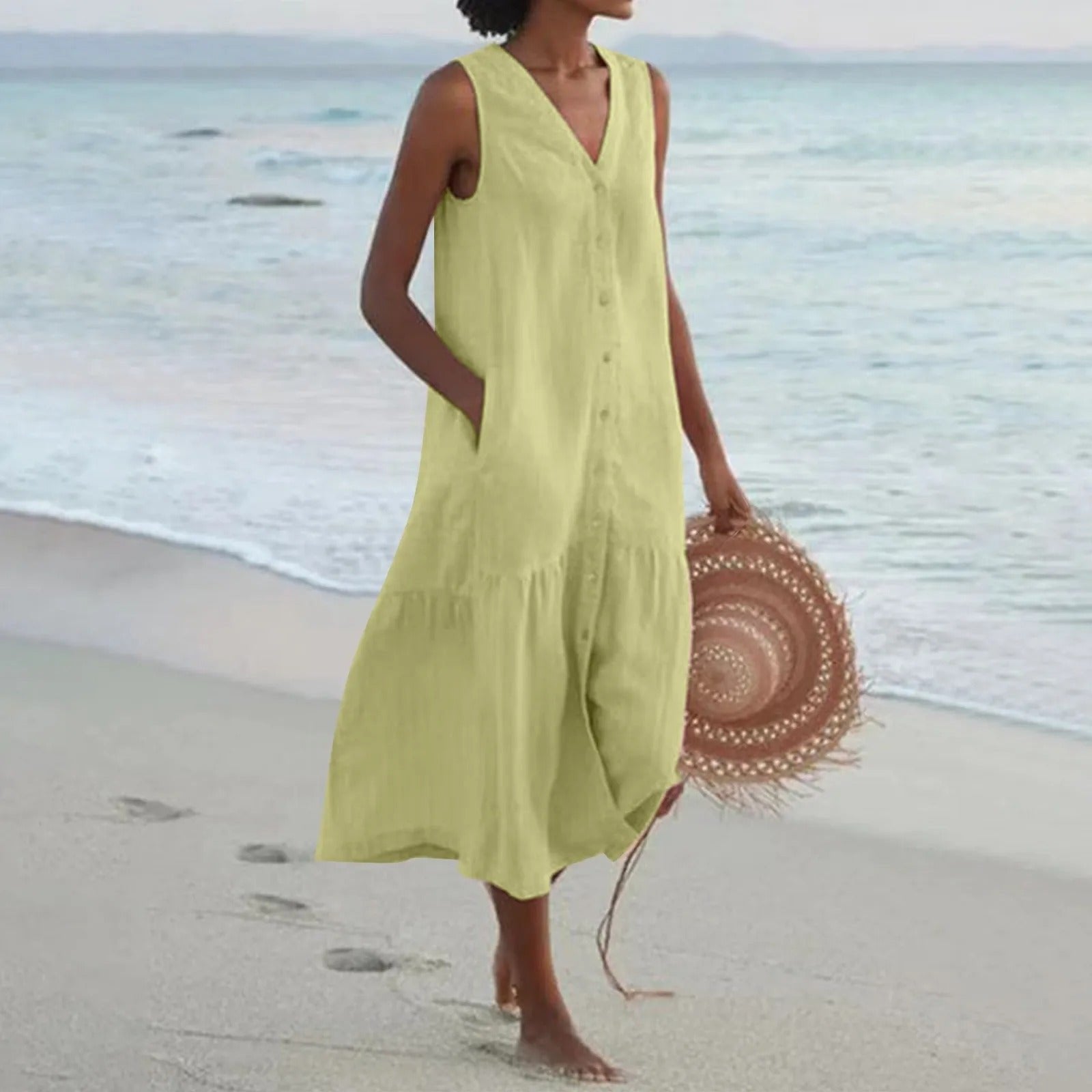 Women’s Linen A-Line Midi Dress Sleeveless Summer Style 2