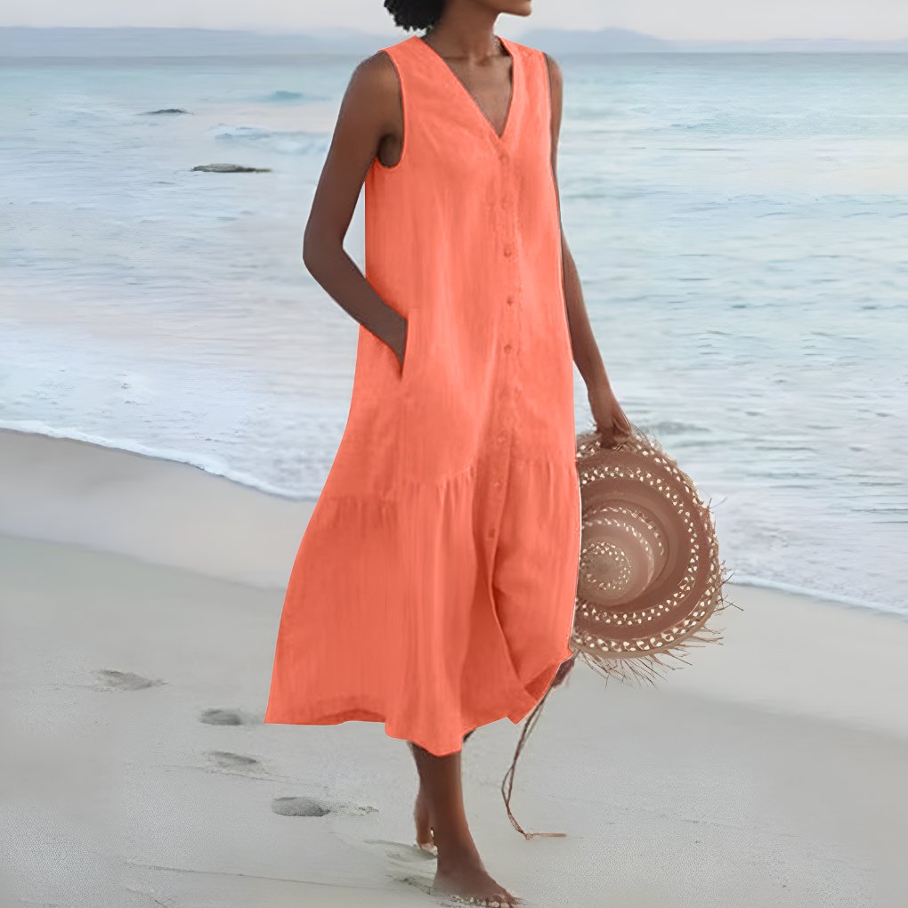 Women’s Linen A-Line Midi Dress Sleeveless Summer Style 3