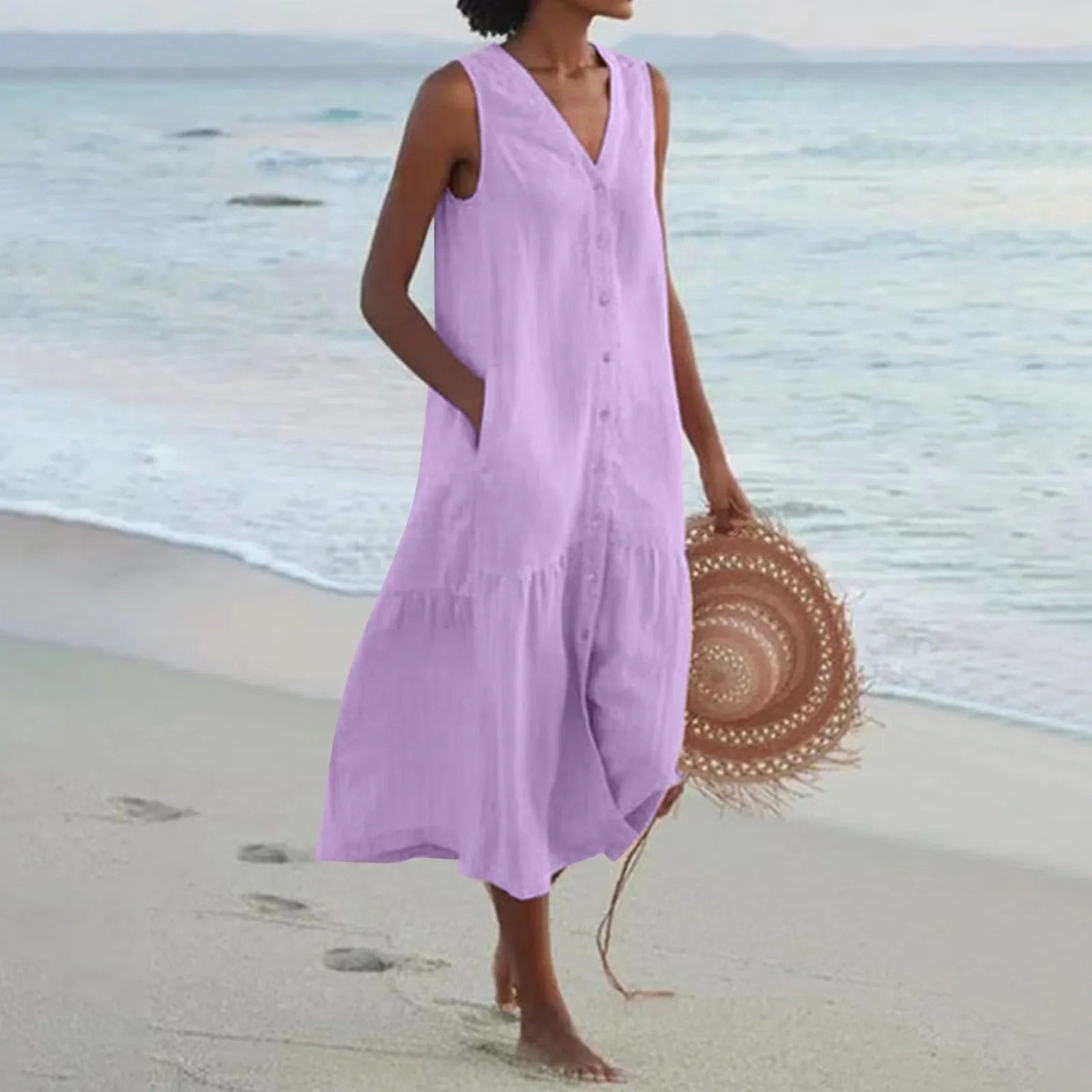 Women’s Linen A-Line Midi Dress Sleeveless Summer Style 4