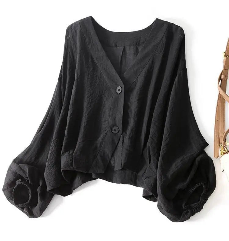 Women’s Linen Blouse V-Neck Batwing Sleeves Summer Style 3