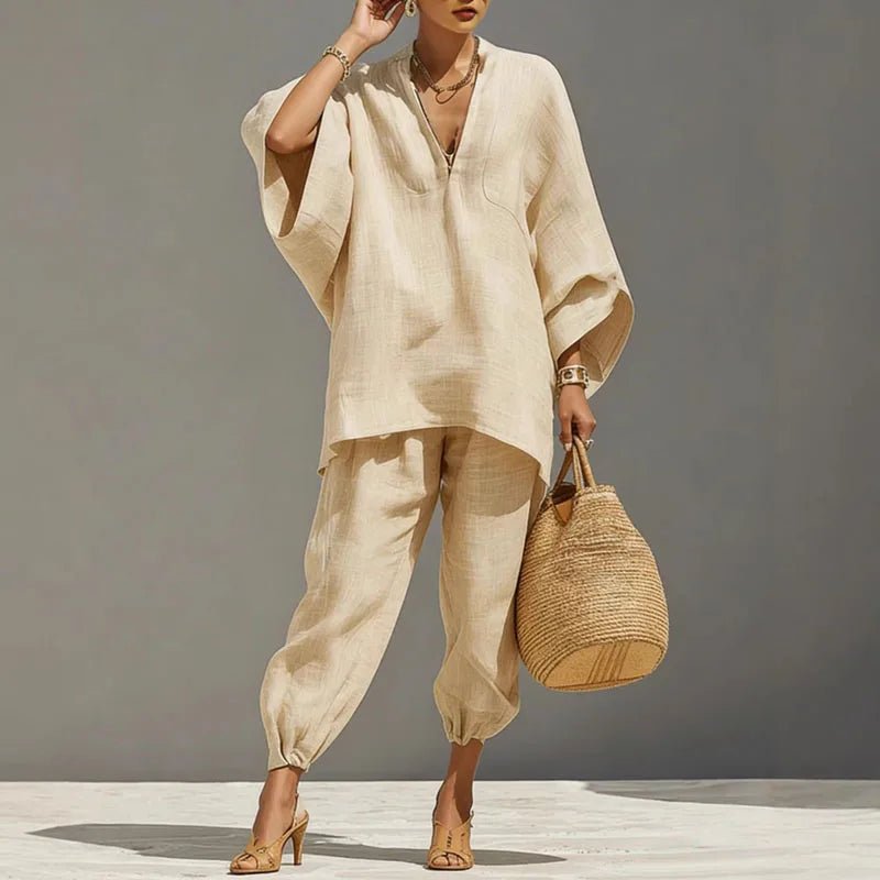 Women’s Linen Matching Set Elegant Batwing Top and Tapered Pants 0