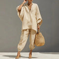 Women’s Linen Matching Set Elegant Batwing Top and Tapered Pants 0