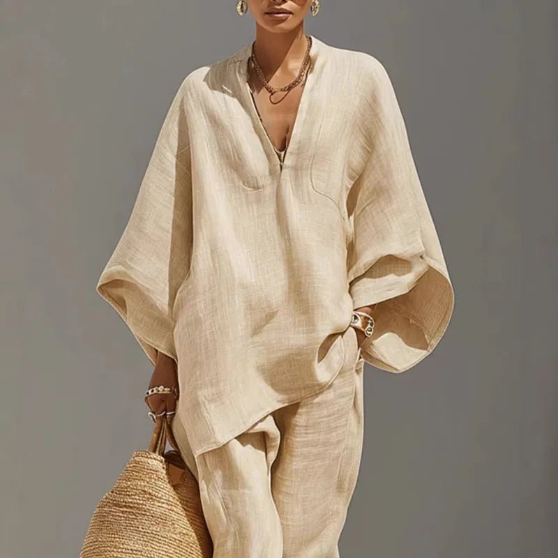 Women’s Linen Matching Set Elegant Batwing Top and Tapered Pants 1