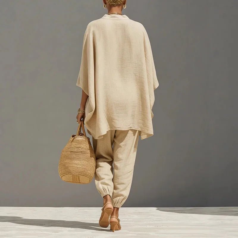 Women’s Linen Matching Set Elegant Batwing Top and Tapered Pants 2