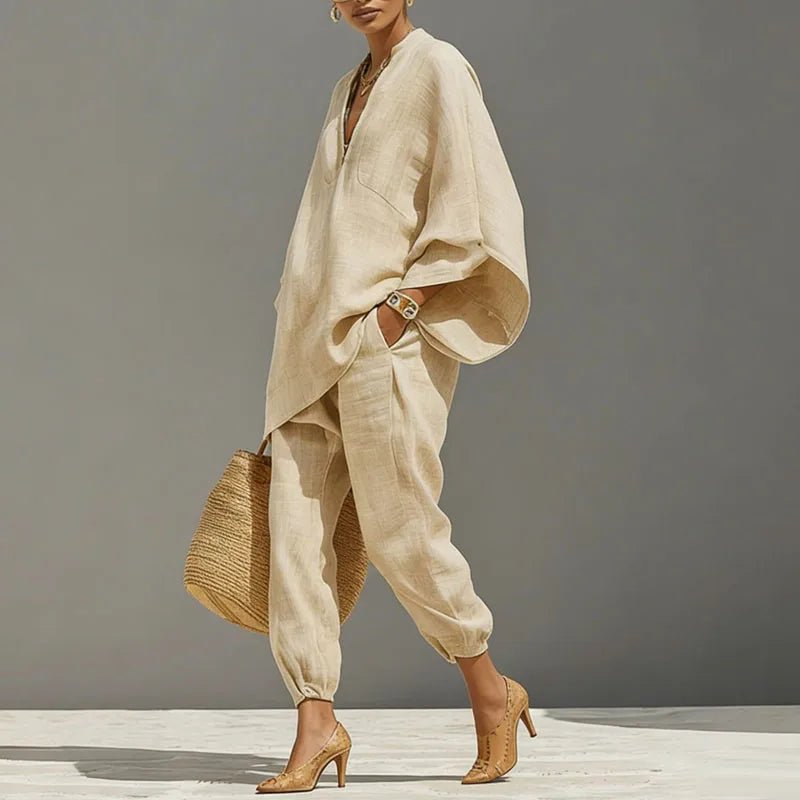 Women’s Linen Matching Set Elegant Batwing Top and Tapered Pants 3