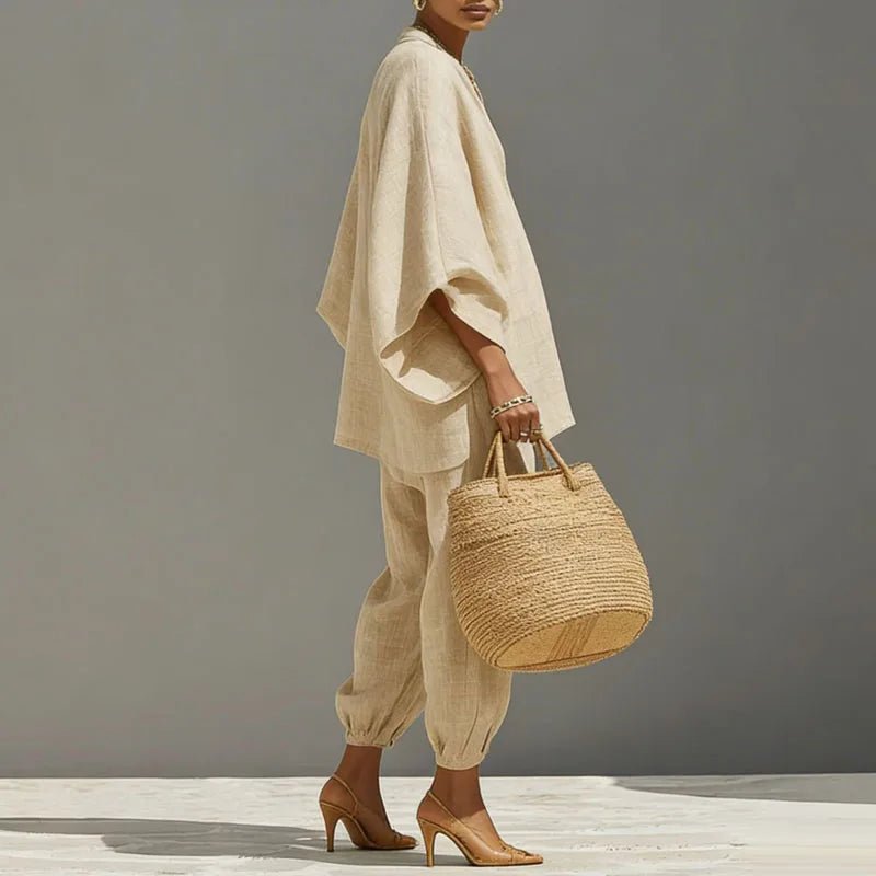 Women’s Linen Matching Set Elegant Batwing Top and Tapered Pants 4