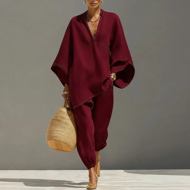 Women’s Linen Matching Set Elegant Batwing Top and Tapered Pants 6