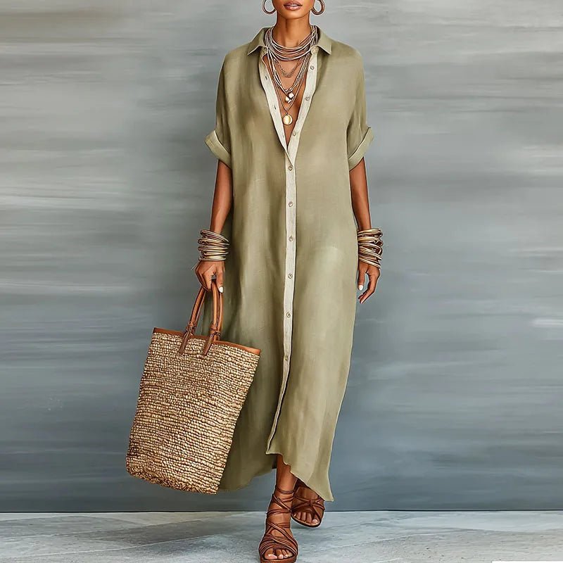 Women’s Linen Maxi Dress Relaxed Button-Down Style 0