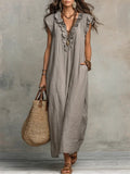 Women’s Linen Maxi Dress Ruffle V-Neck Flutter Sleeves 0