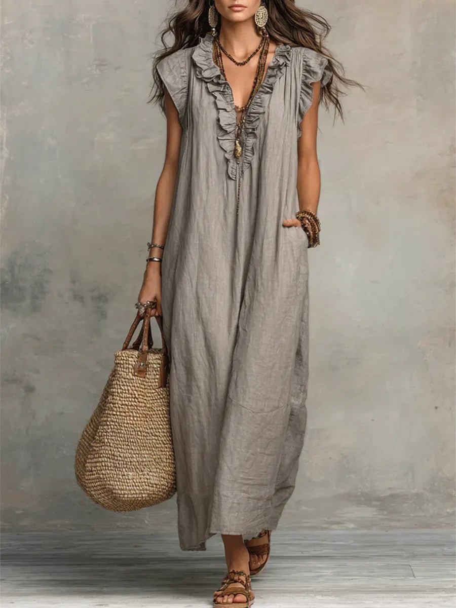 Women’s Linen Maxi Dress Ruffle V-Neck Flutter Sleeves 0