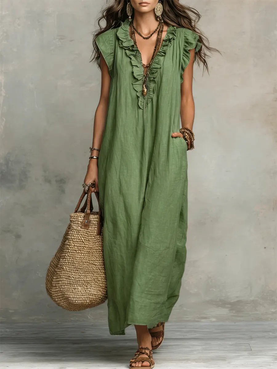 Women’s Linen Maxi Dress Ruffle V-Neck Flutter Sleeves 1