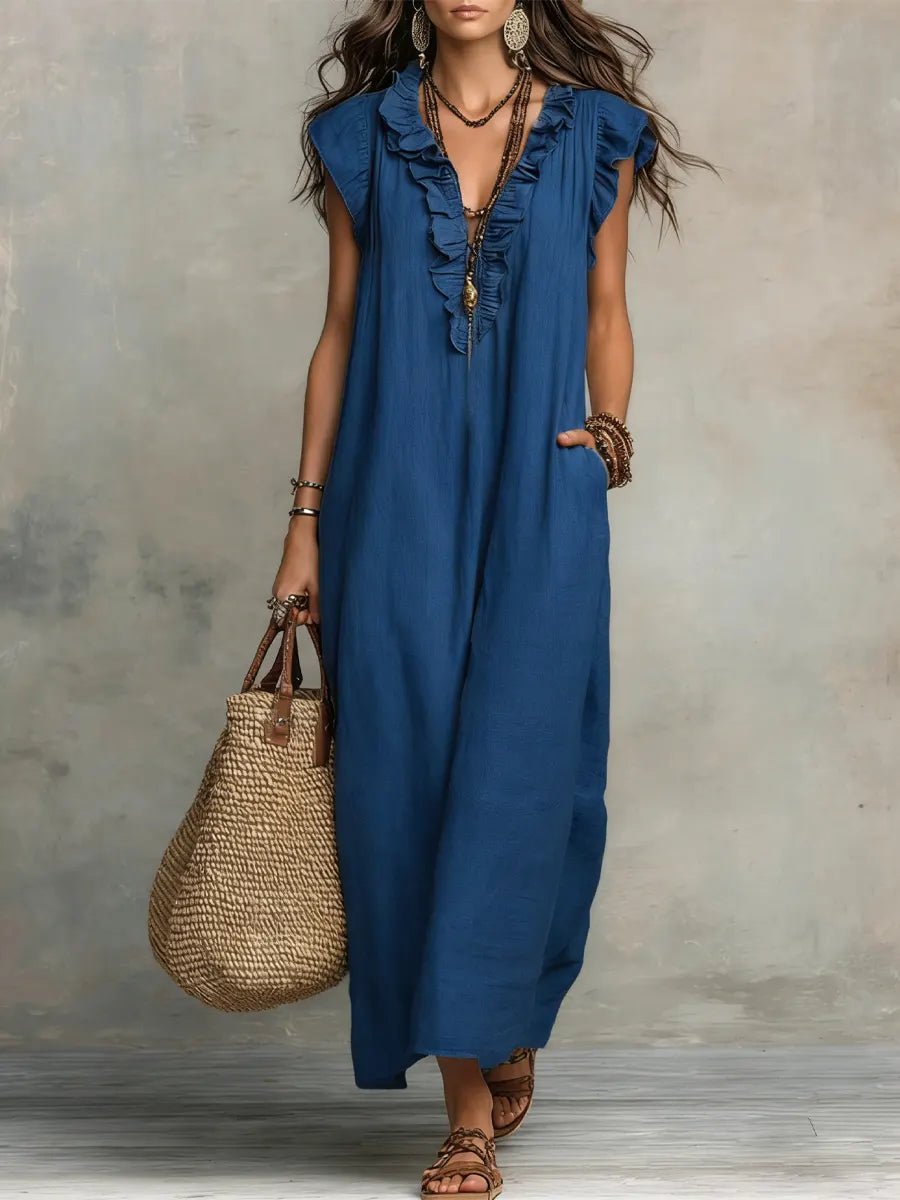 Women’s Linen Maxi Dress Ruffle V-Neck Flutter Sleeves 2