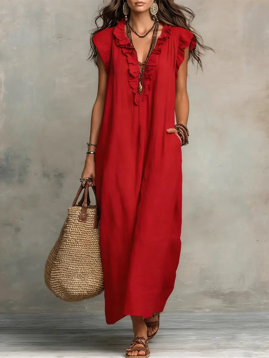 Women’s Linen Maxi Dress Ruffle V-Neck Flutter Sleeves 3