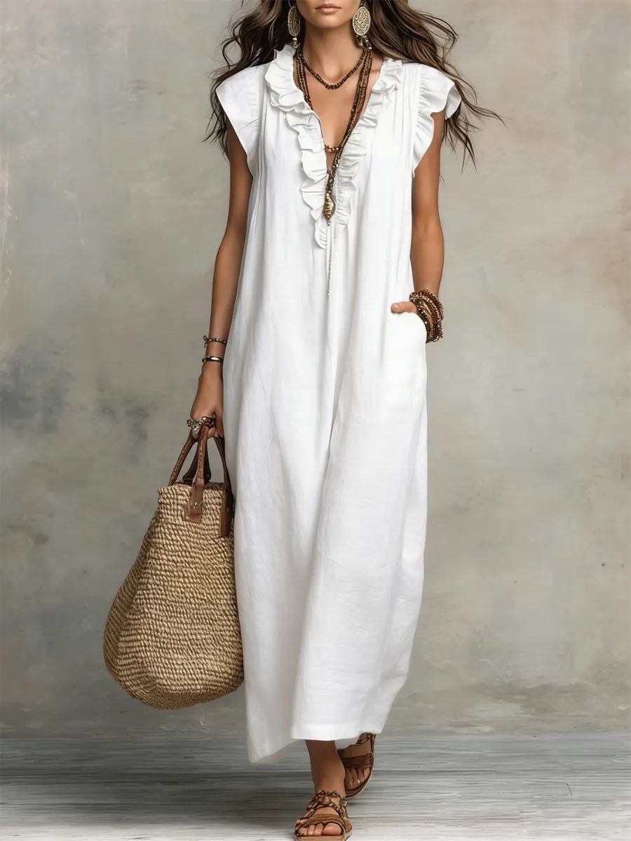 Women’s Linen Maxi Dress Ruffle V-Neck Flutter Sleeves 4