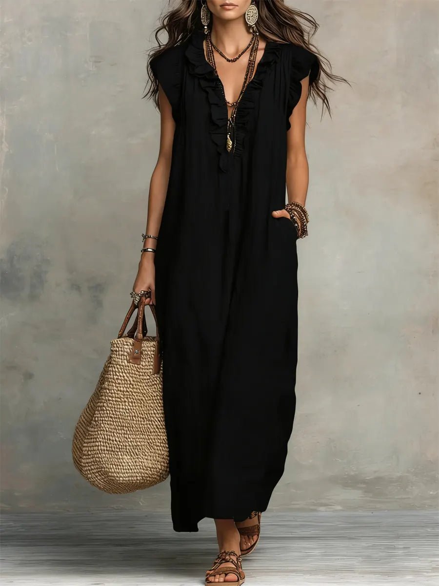 Women’s Linen Maxi Dress Ruffle V-Neck Flutter Sleeves 5