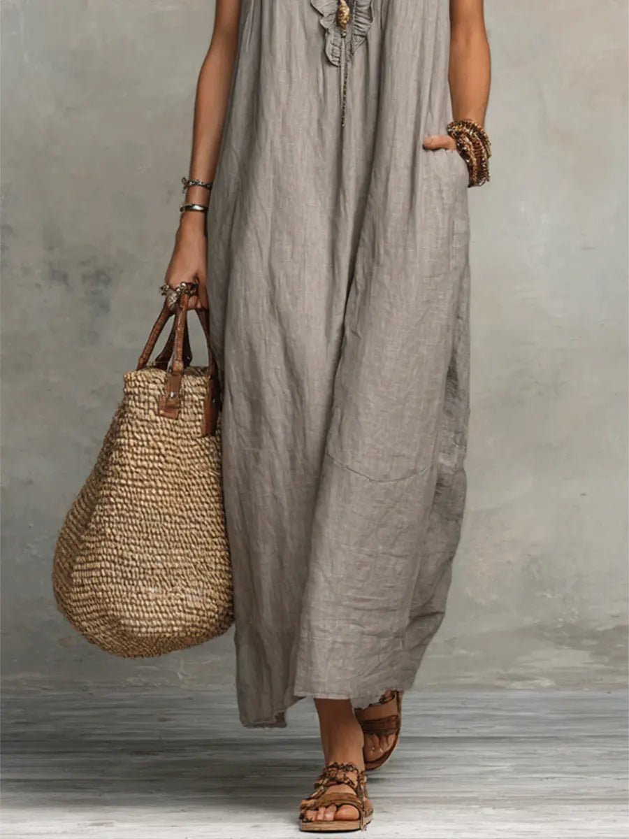 Women’s Linen Maxi Dress Ruffle V-Neck Flutter Sleeves 6