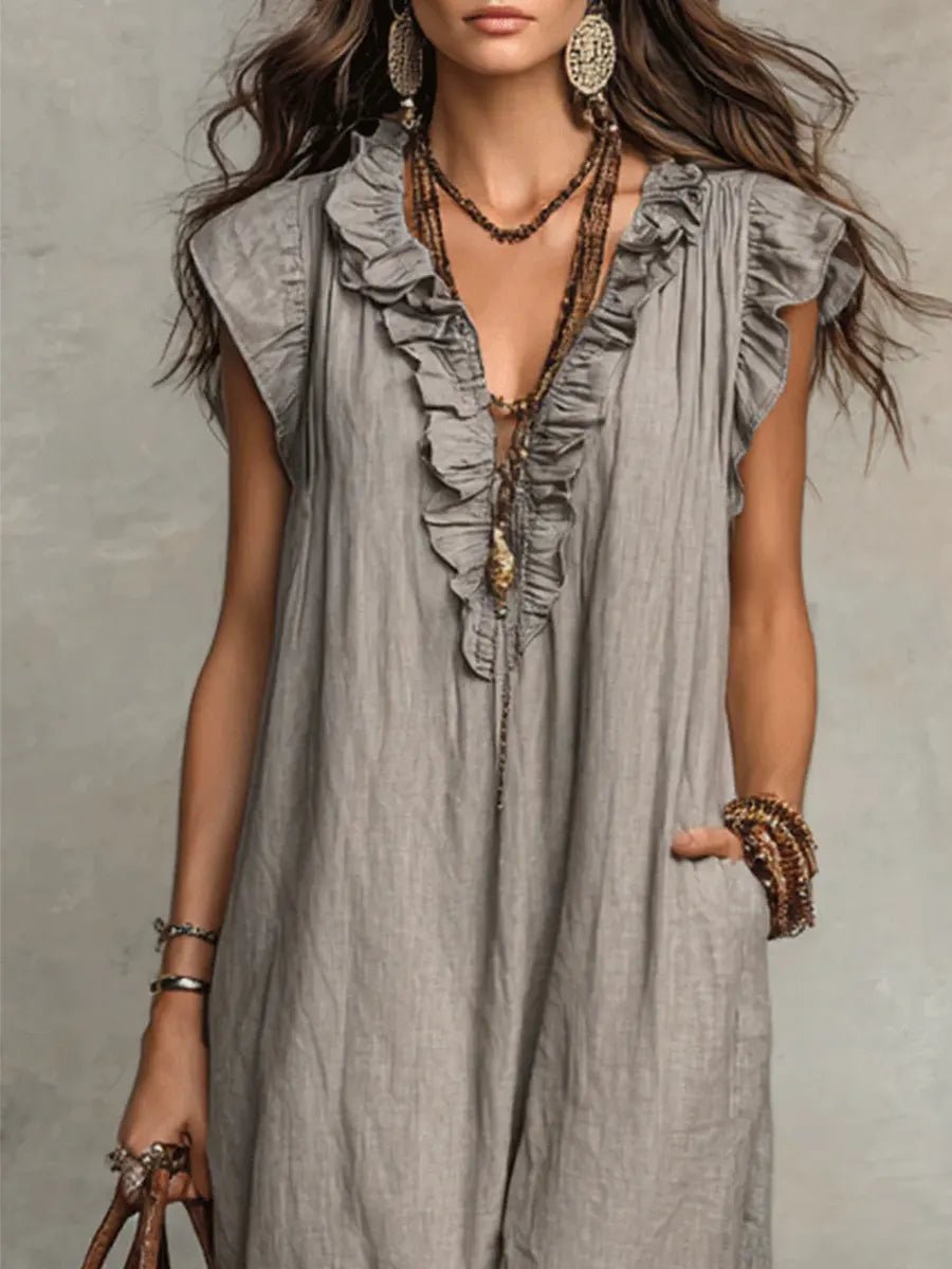 Women’s Linen Maxi Dress Ruffle V-Neck Flutter Sleeves 7
