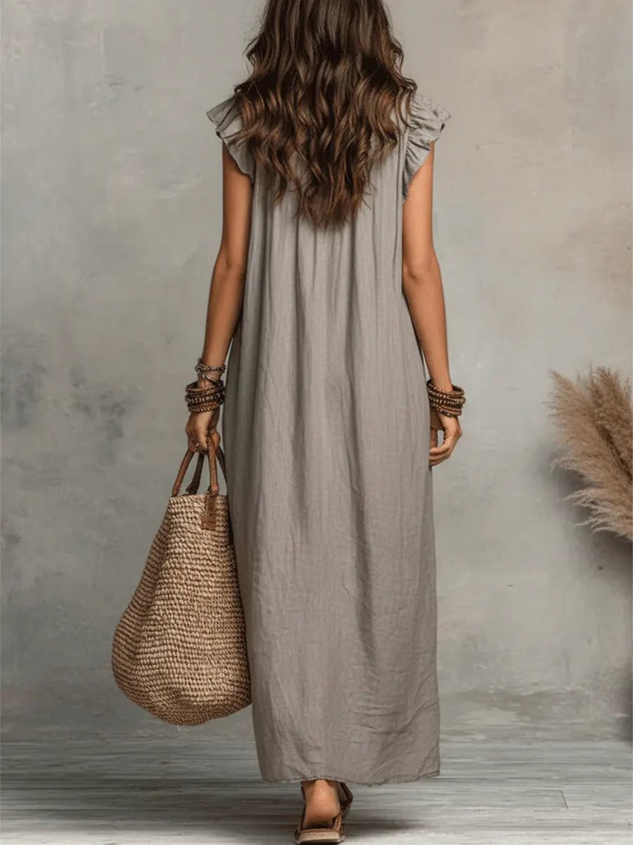 Women’s Linen Maxi Dress Ruffle V-Neck Flutter Sleeves 8