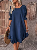 Women’s Linen Mini Dress Ruffle A-Line Puff Sleeve Style 0