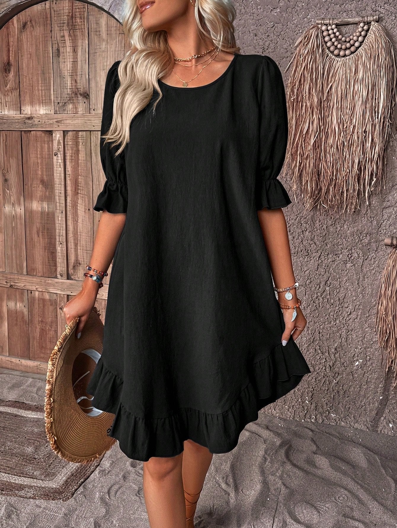 Women’s Linen Mini Dress Ruffle A-Line Puff Sleeve Style 3