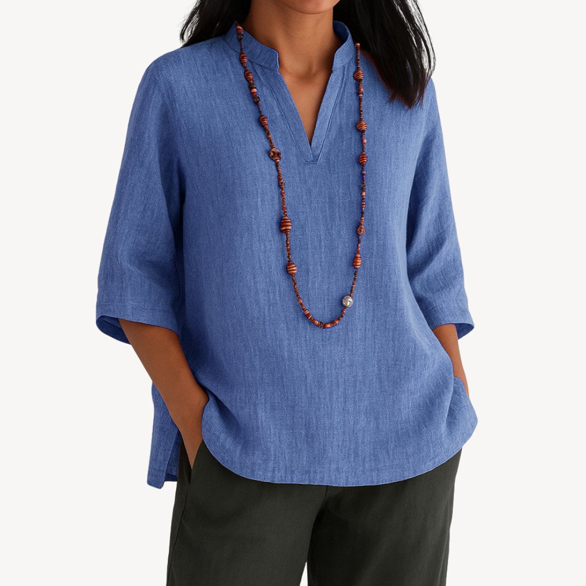 Women’s Linen Tunic Blouse 3/4 Sleeve V-Neck Design 0