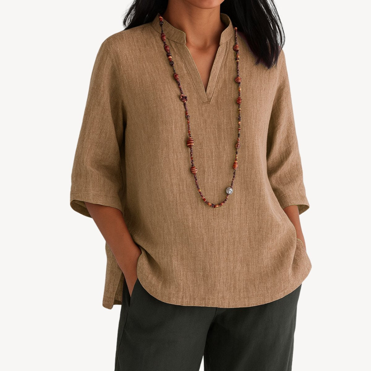 Women’s Linen Tunic Blouse 3/4 Sleeve V-Neck Design 1