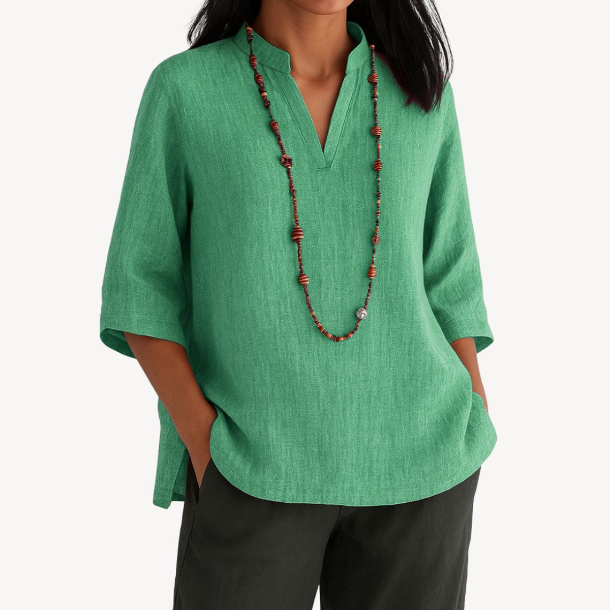 Women’s Linen Tunic Blouse 3/4 Sleeve V-Neck Design 2