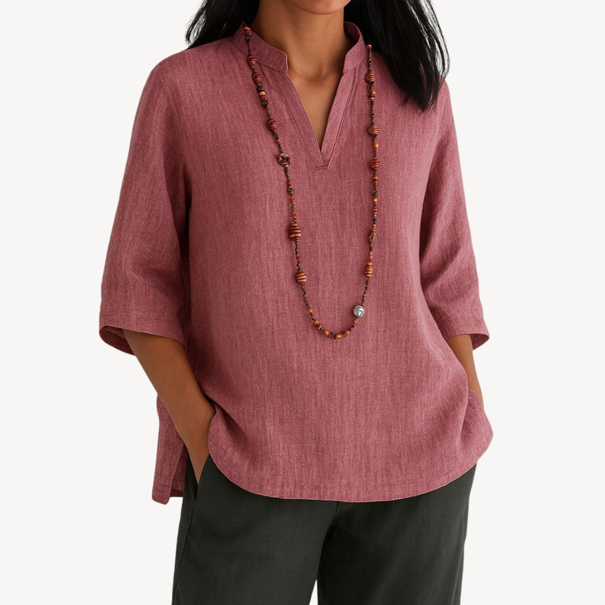 Women’s Linen Tunic Blouse 3/4 Sleeve V-Neck Design 3
