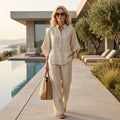 Women’s Linen Two-Piece Set with Mandarin Collar and Wide-Leg Trousers 0