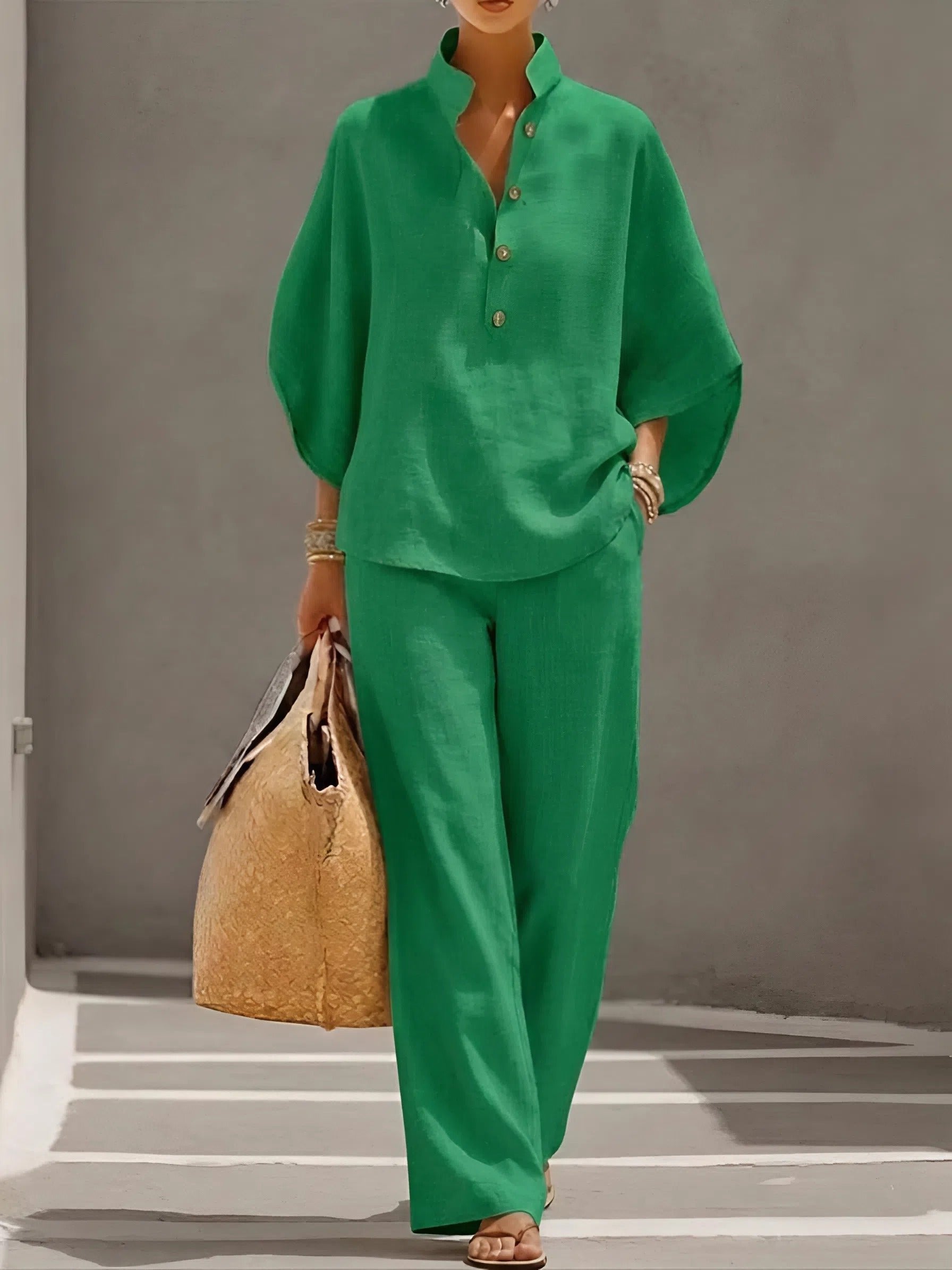 Women’s Linen Two-Piece Set with Mandarin Collar and Wide-Leg Trousers 2