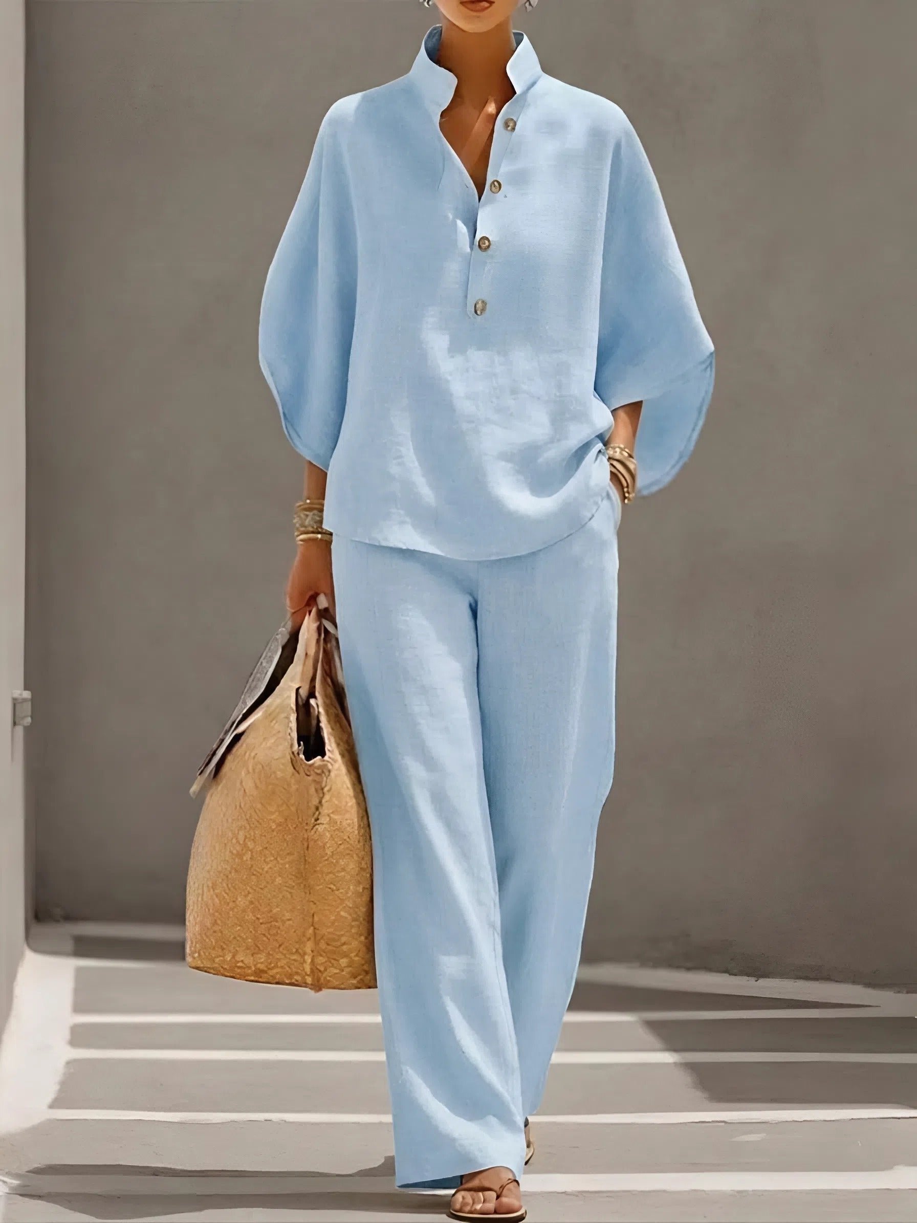 Women’s Linen Two-Piece Set with Mandarin Collar and Wide-Leg Trousers 3