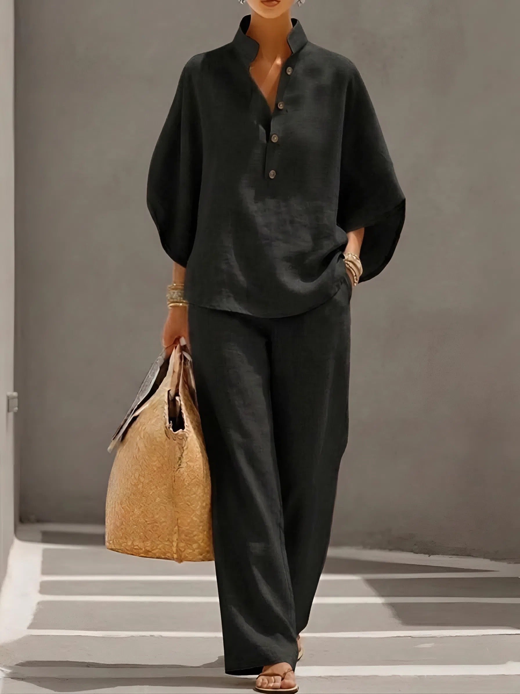 Women’s Linen Two-Piece Set with Mandarin Collar and Wide-Leg Trousers 4