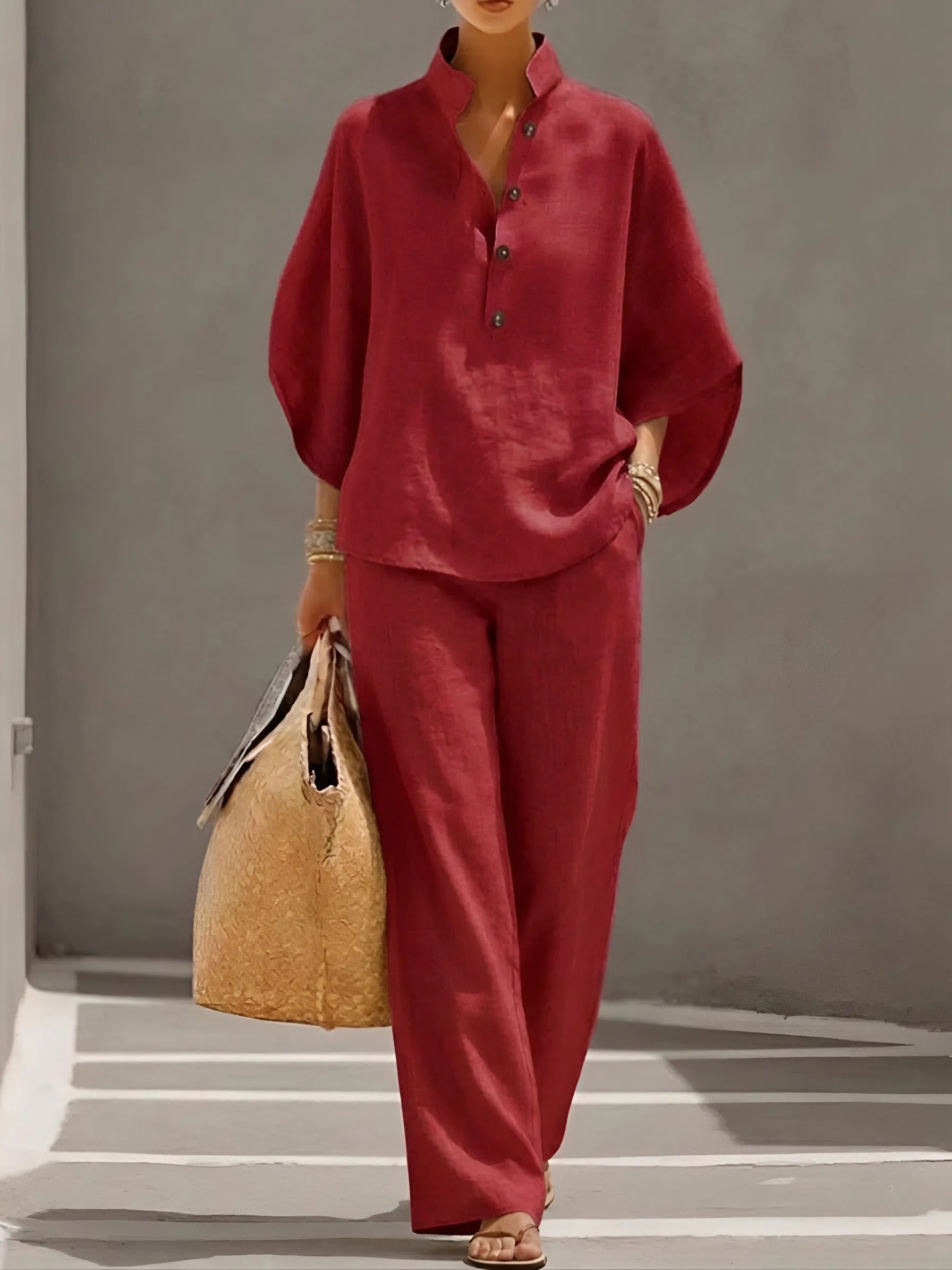 Women’s Linen Two-Piece Set with Mandarin Collar and Wide-Leg Trousers 5