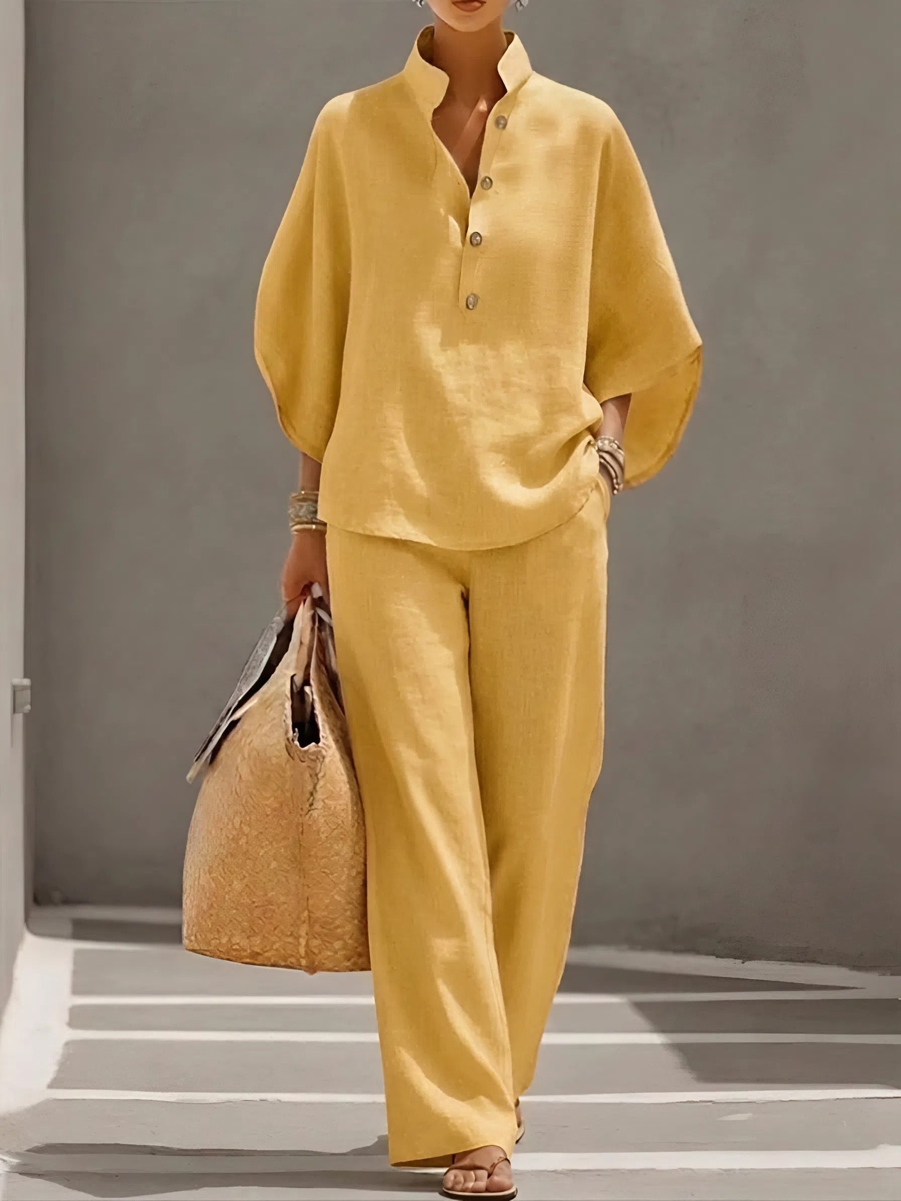 Women’s Linen Two-Piece Set with Mandarin Collar and Wide-Leg Trousers 6