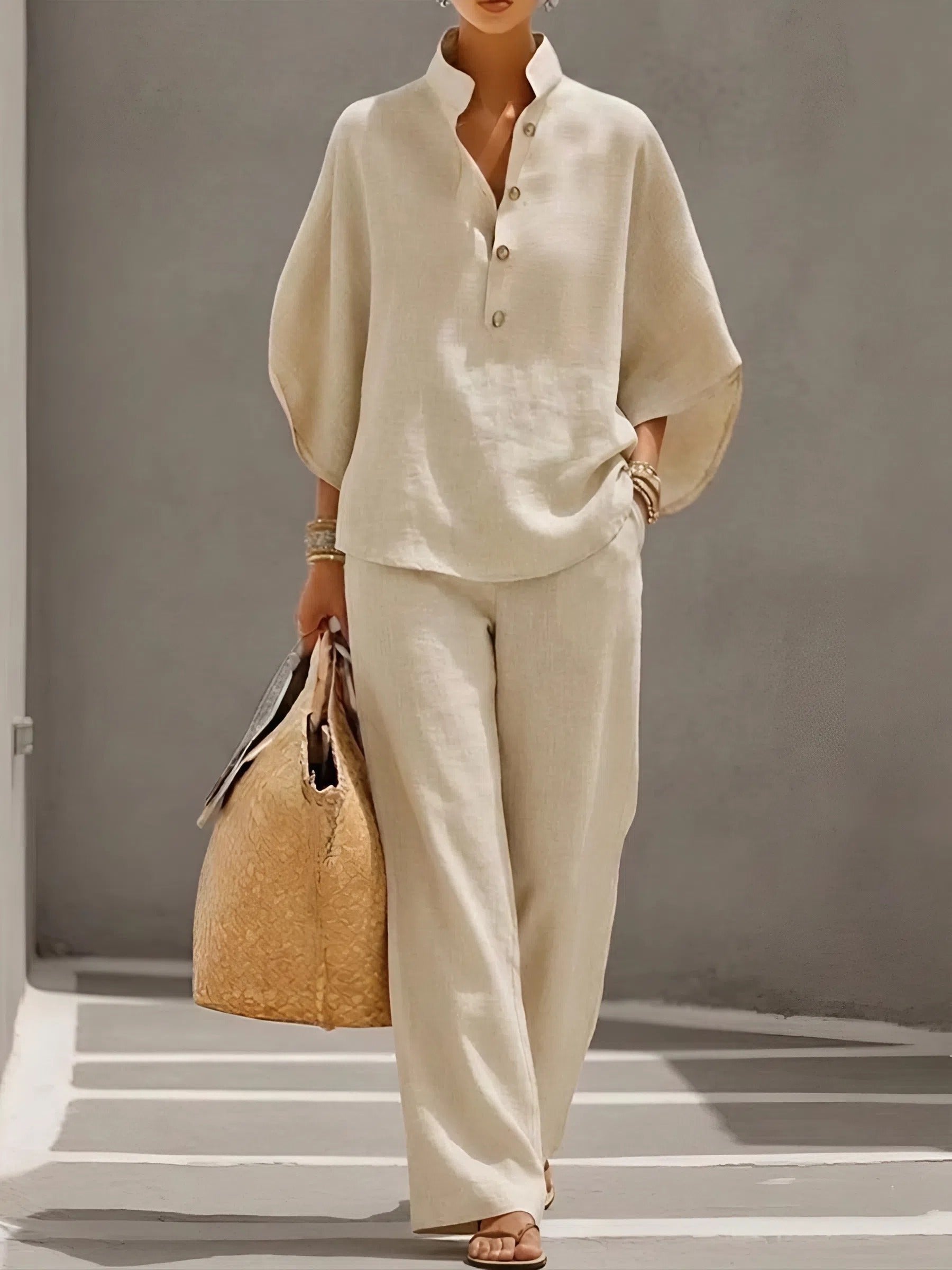 Women’s Linen Two-Piece Set with Mandarin Collar and Wide-Leg Trousers 8