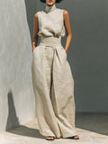 Women’s Linen Two Piece Set Sleeveless Top and Wide Leg Pants 0