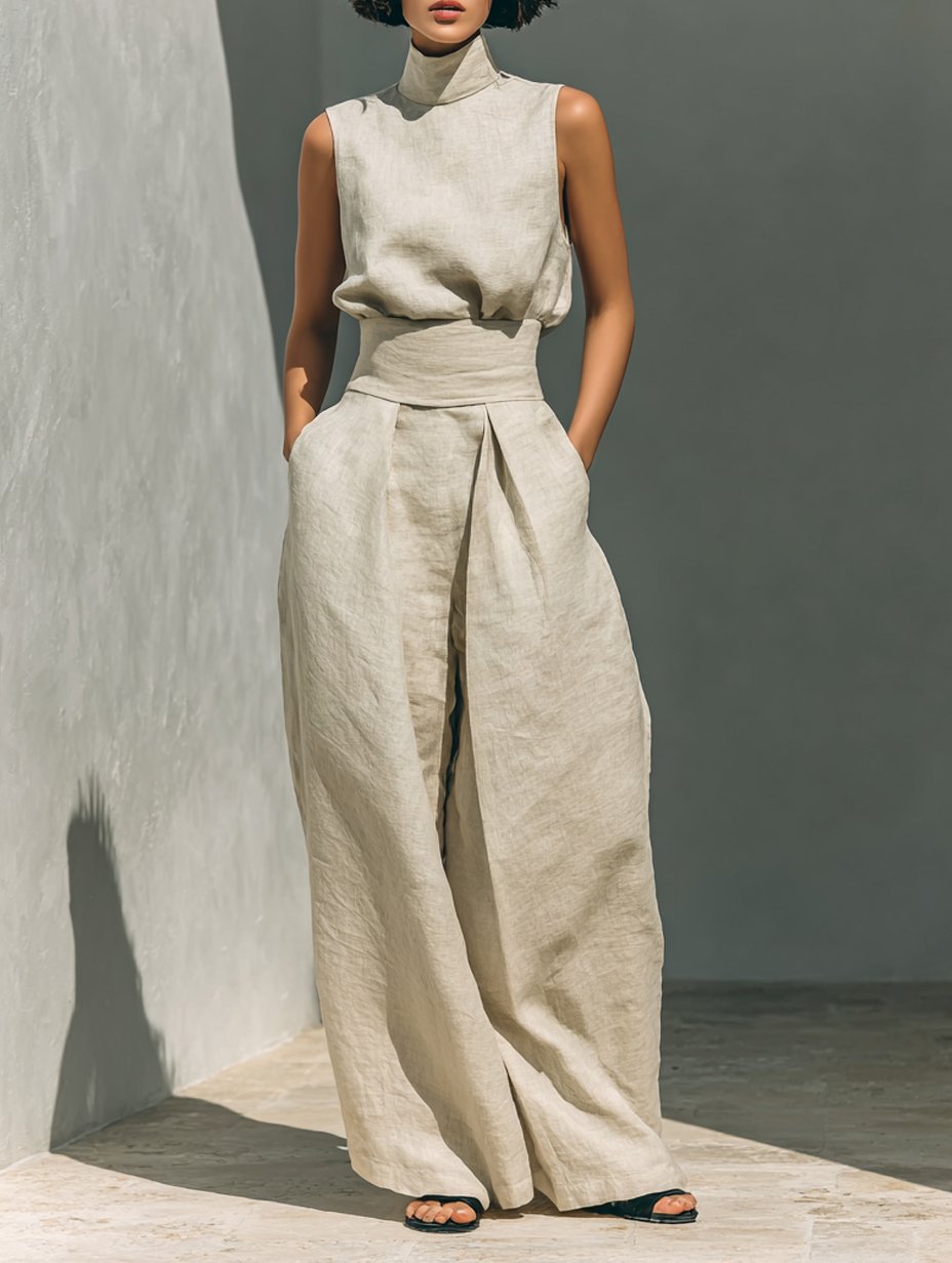 Women’s Linen Two Piece Set Sleeveless Top and Wide Leg Pants 0