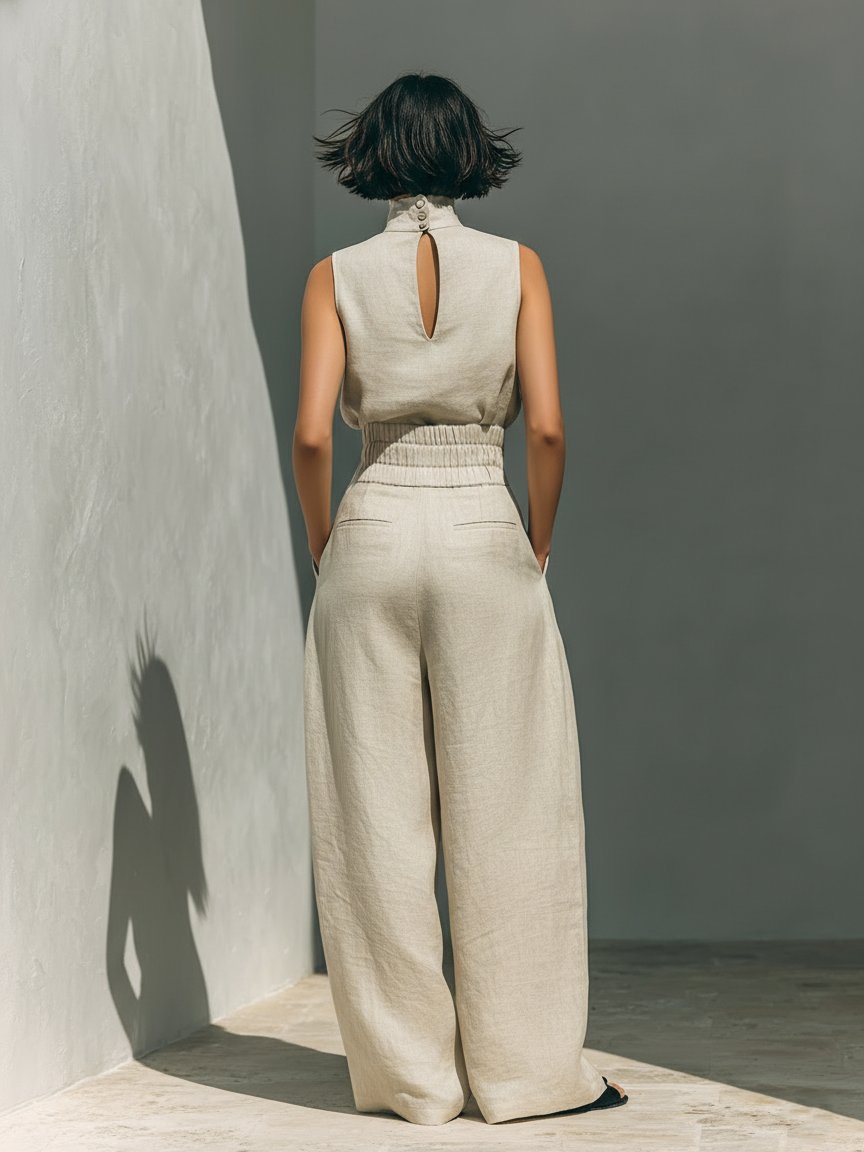 Women’s Linen Two Piece Set Sleeveless Top and Wide Leg Pants 1