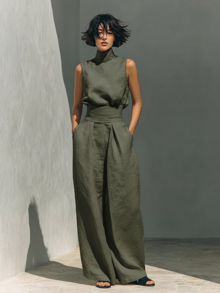 Women’s Linen Two Piece Set Sleeveless Top and Wide Leg Pants 2