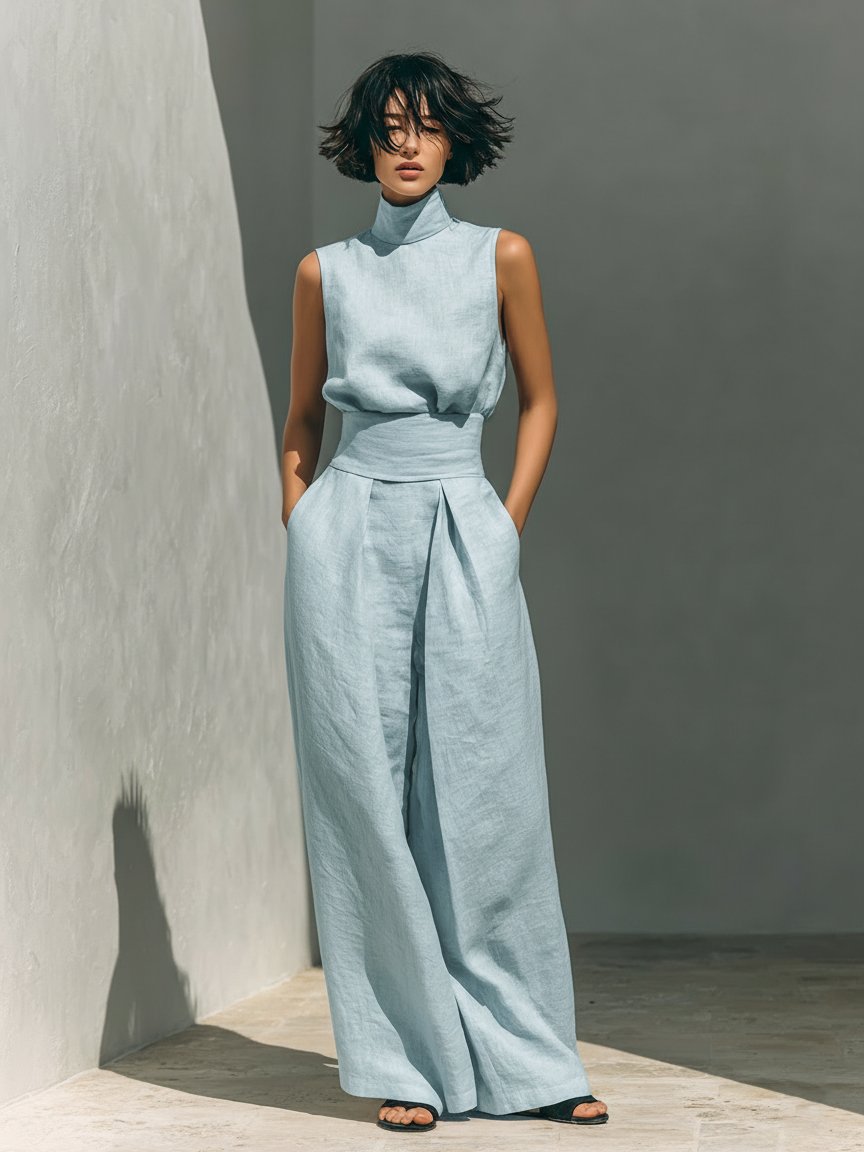 Women’s Linen Two Piece Set Sleeveless Top and Wide Leg Pants 3