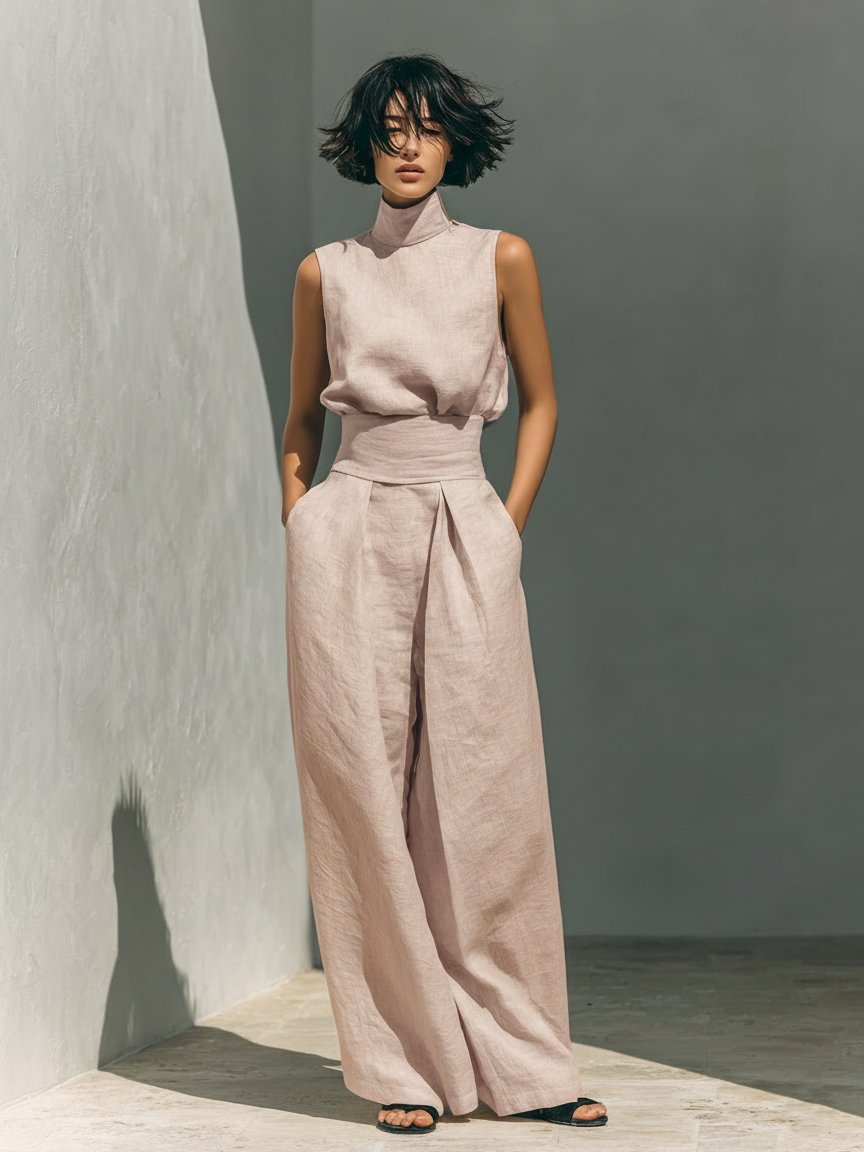 Women’s Linen Two Piece Set Sleeveless Top and Wide Leg Pants 4