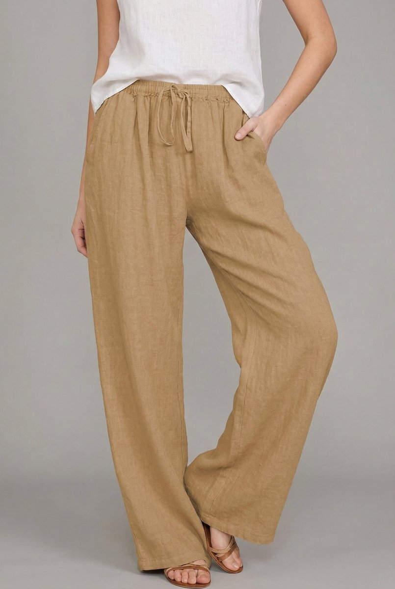 Women’s Linen Wide Leg Pants Elastic Waist with Drawstring 0