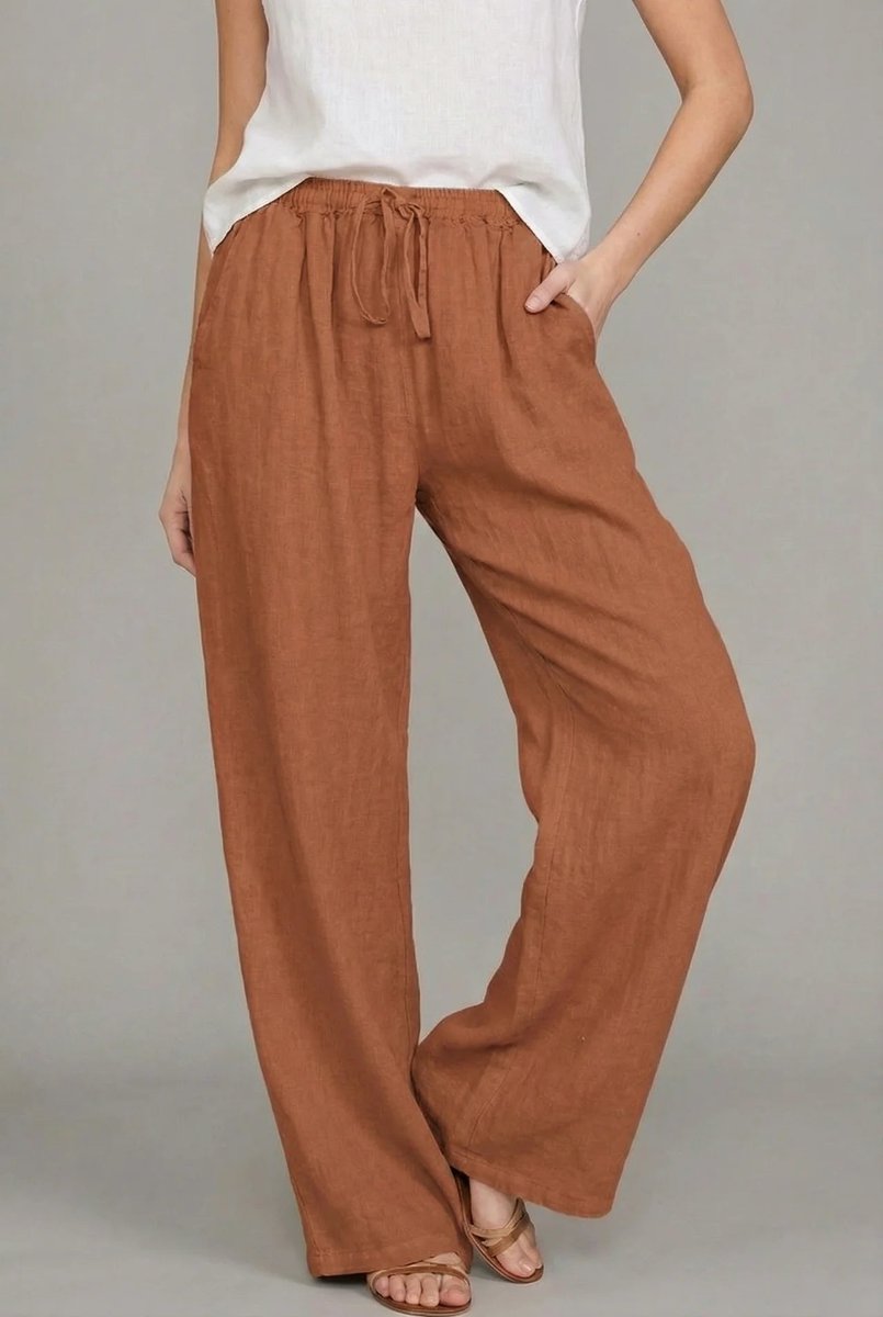 Women’s Linen Wide Leg Pants Elastic Waist with Drawstring 4