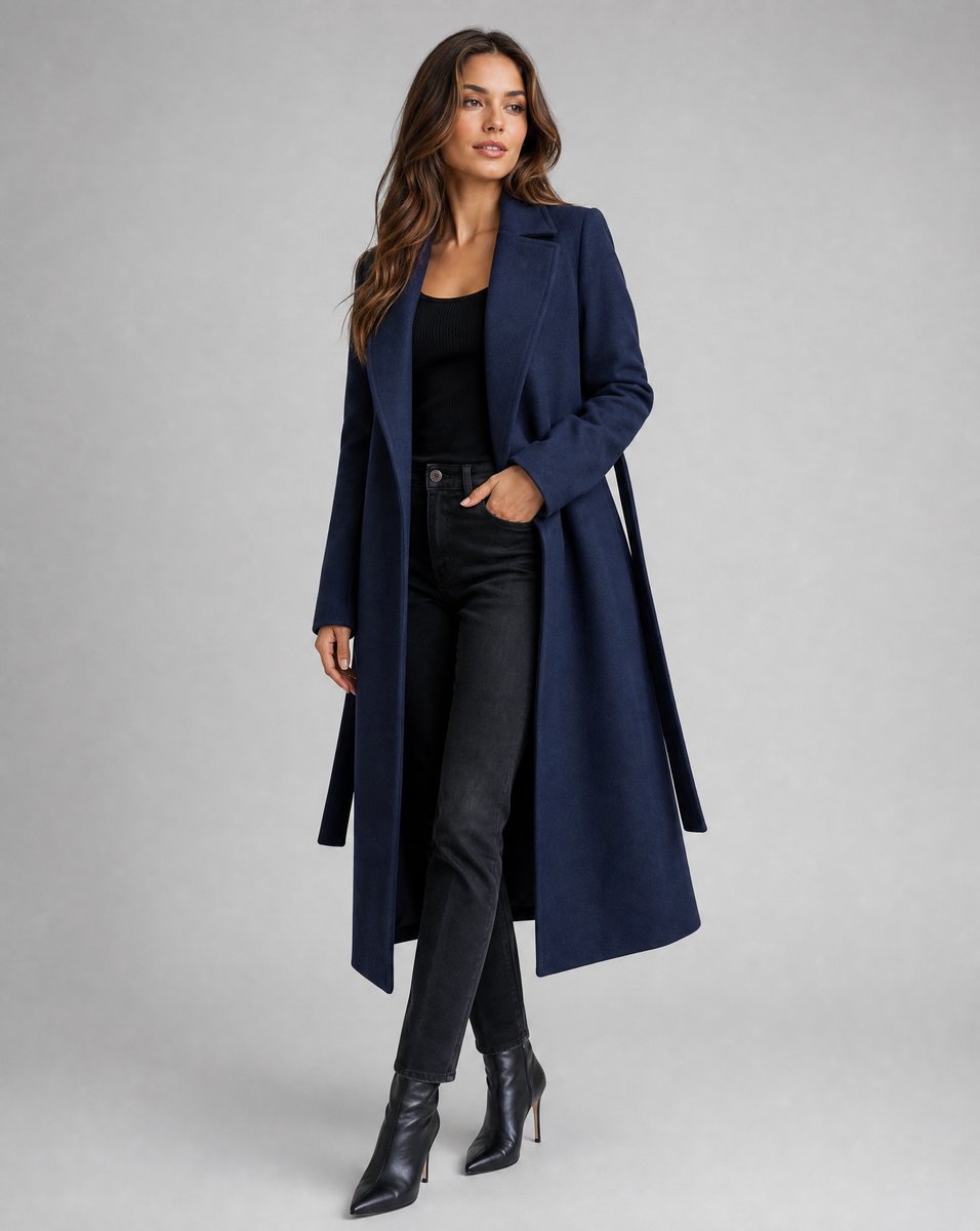 Women’s Long-Line Wool Blend Trench Coat with Belted Waist 0