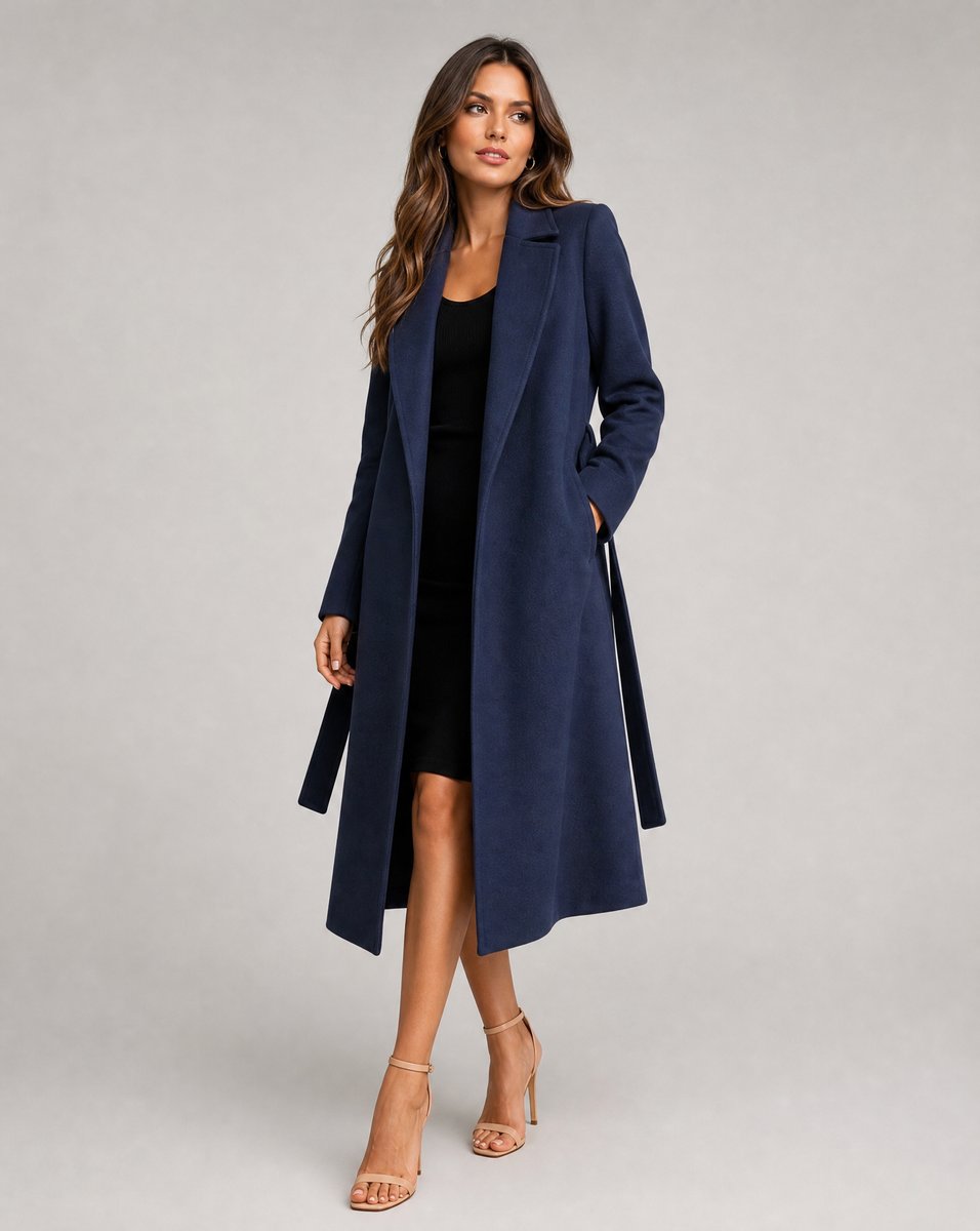 Women’s Long-Line Wool Blend Trench Coat with Belted Waist 1